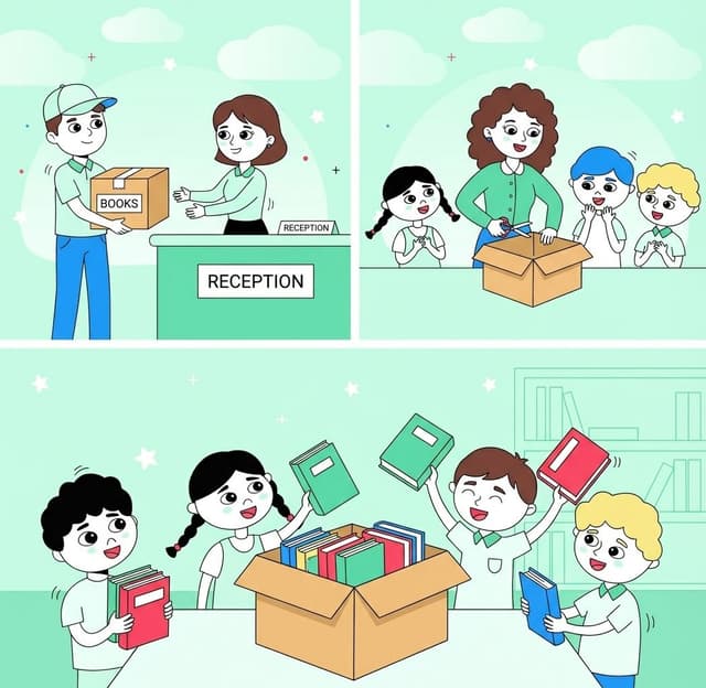 Illustration of books arriving at a school in three panels: delivery to reception, teacher unboxing with children, and children holding their own books.