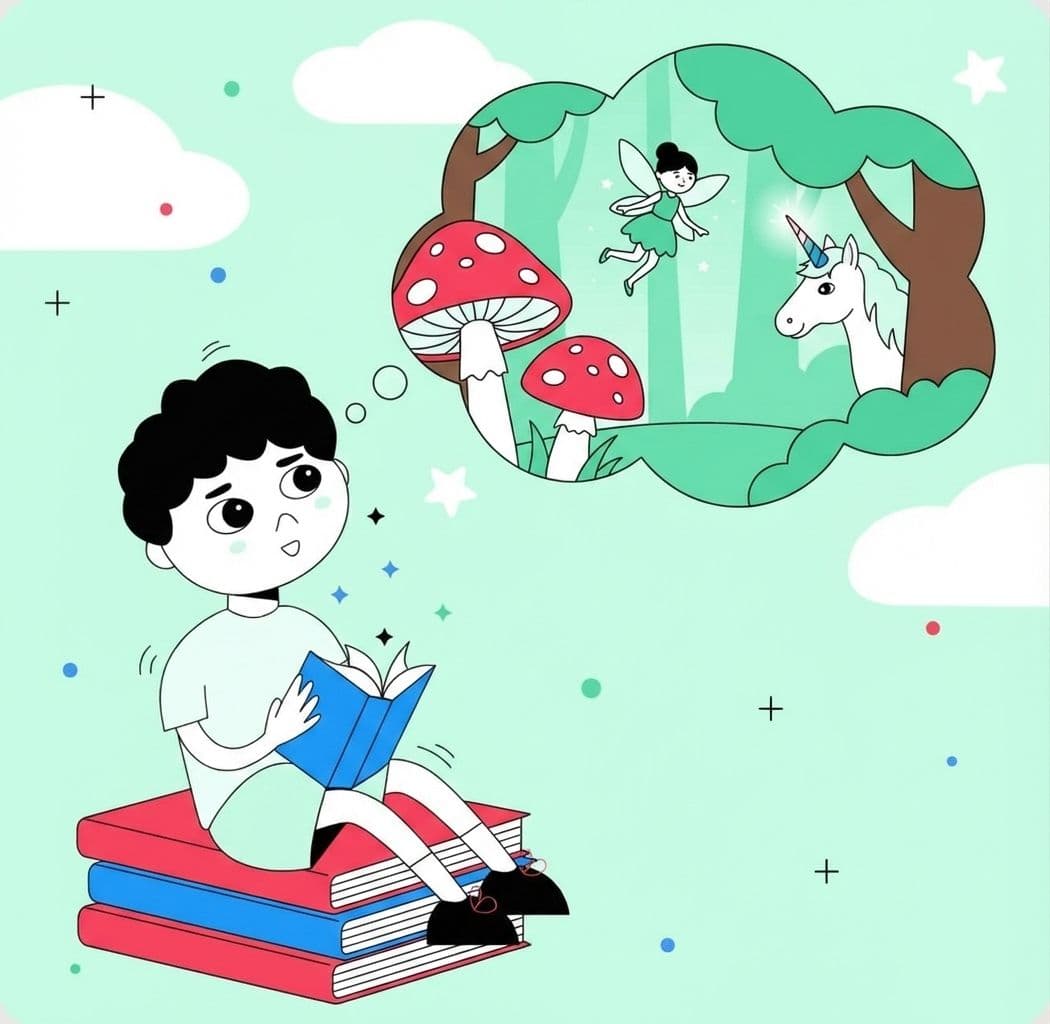 Illustration of a child reading a book and imagining a fairytale forest with a unicorn and a fairy.
