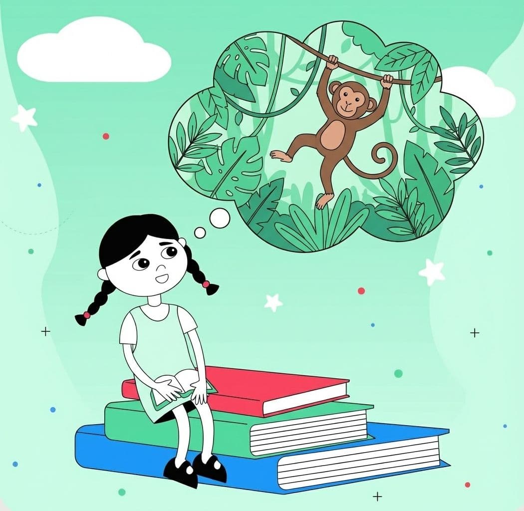 Illustration of a child sitting on a stack of books, imagining a monkey in the jungle.