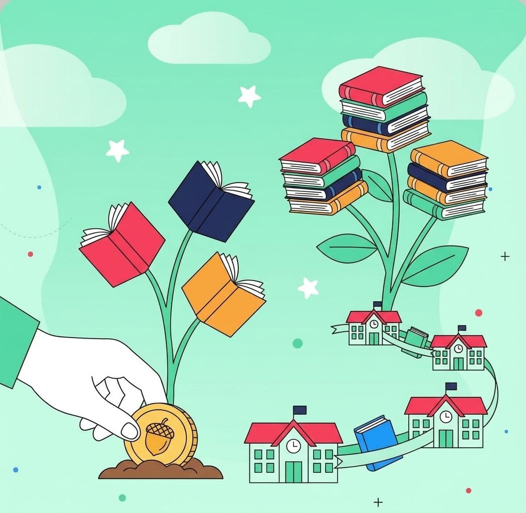 Illustration of a hand planting an acorn that grows into trees bearing books; schools connected by ribbons receive books from them.