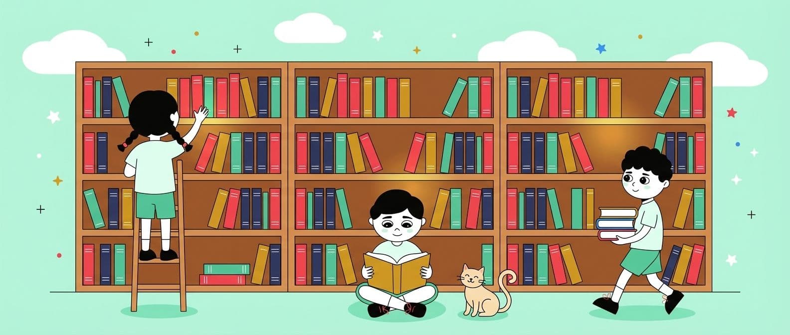 Illustration of three children at a tall library bookshelf filled with colourful books, with a cat at their feet.