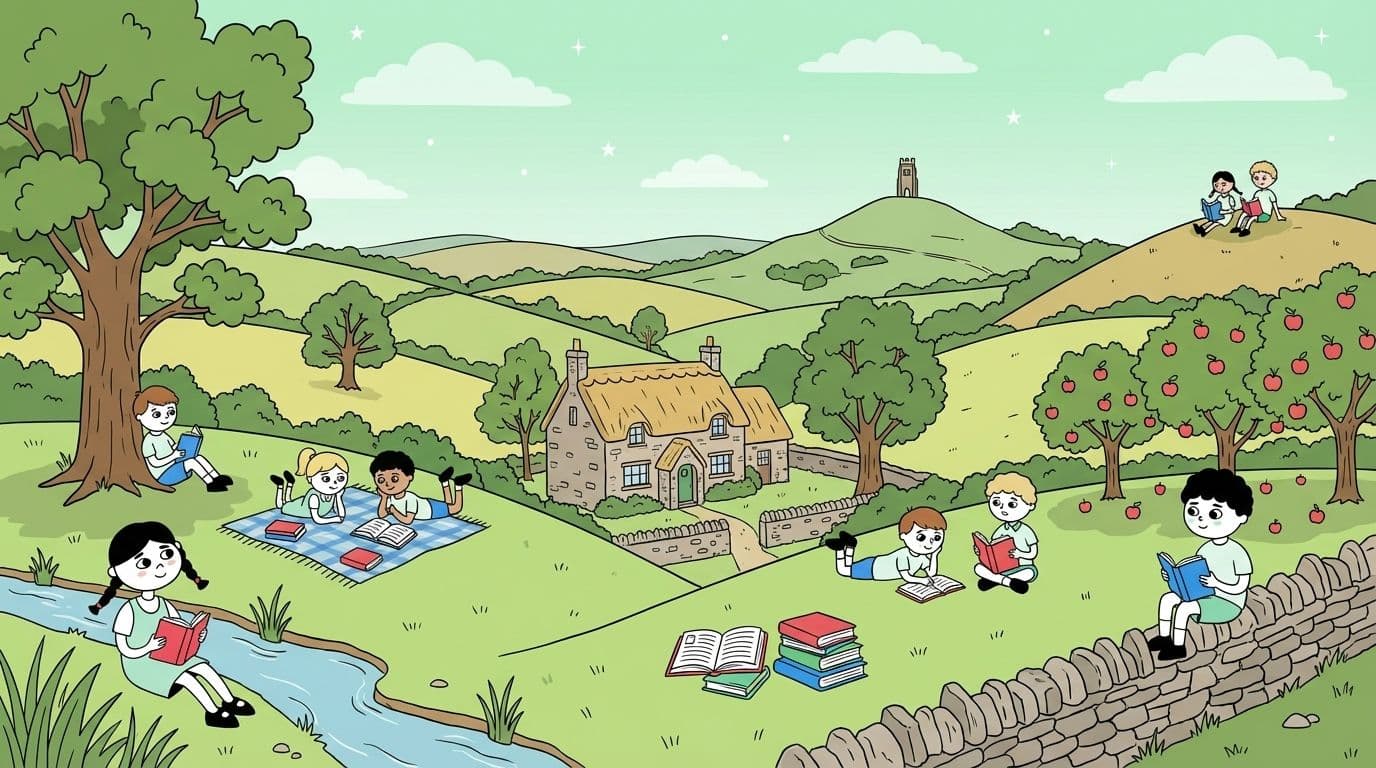 Illustration of children reading outdoors across a Somerset landscape, with Glastonbury Tor in the distance, a stone cottage, a stream, and an apple tree.