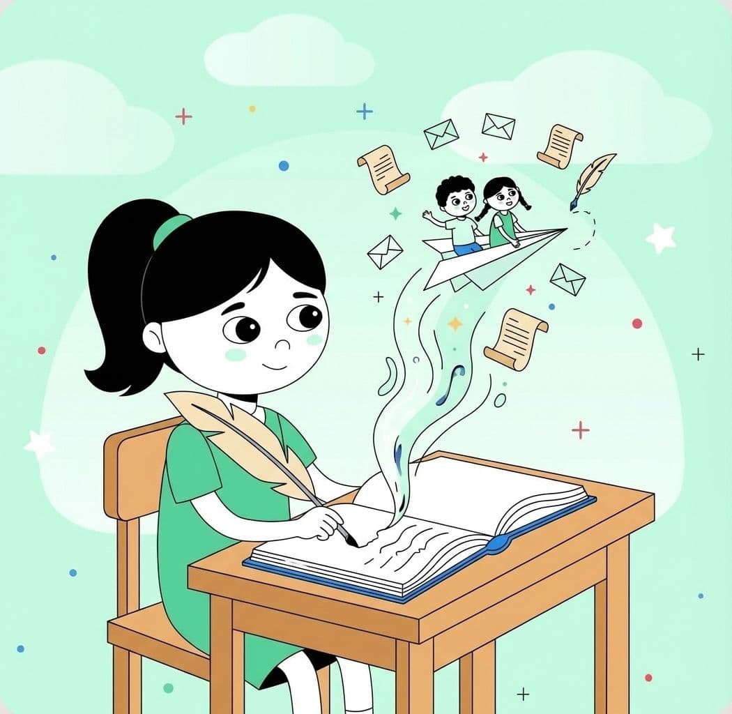 Illustration of a child writing a story with a quill pen, with paper planes and imagined figures rising from the page.